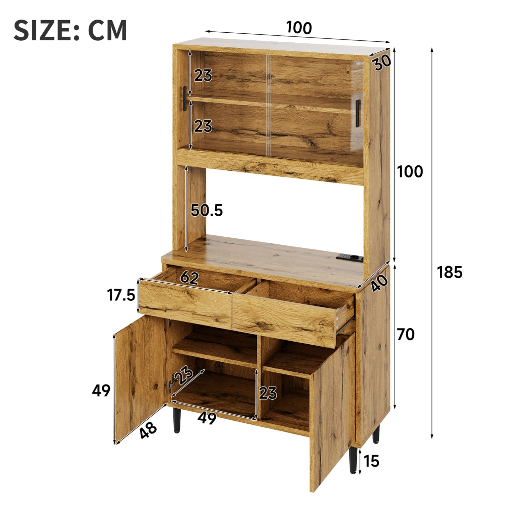 Credenza alta con LED e prese con 1 USB-A e 1 USB-C per soggiorno e sala da pranzo, 100 × 40 × 185 cm