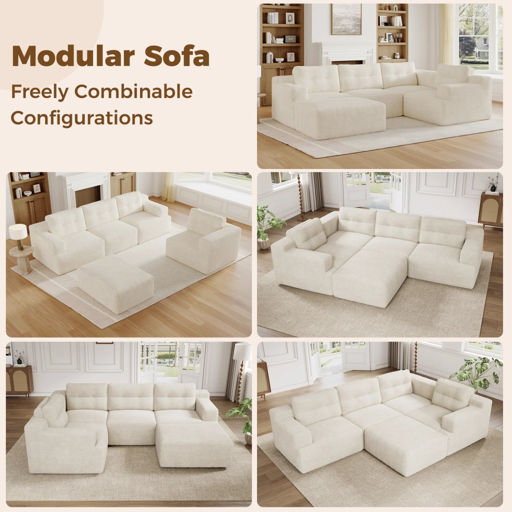 Divano modulare a U componibile con poggiatesta alto e pouf design senza telaio senza montaggio in chenille beige