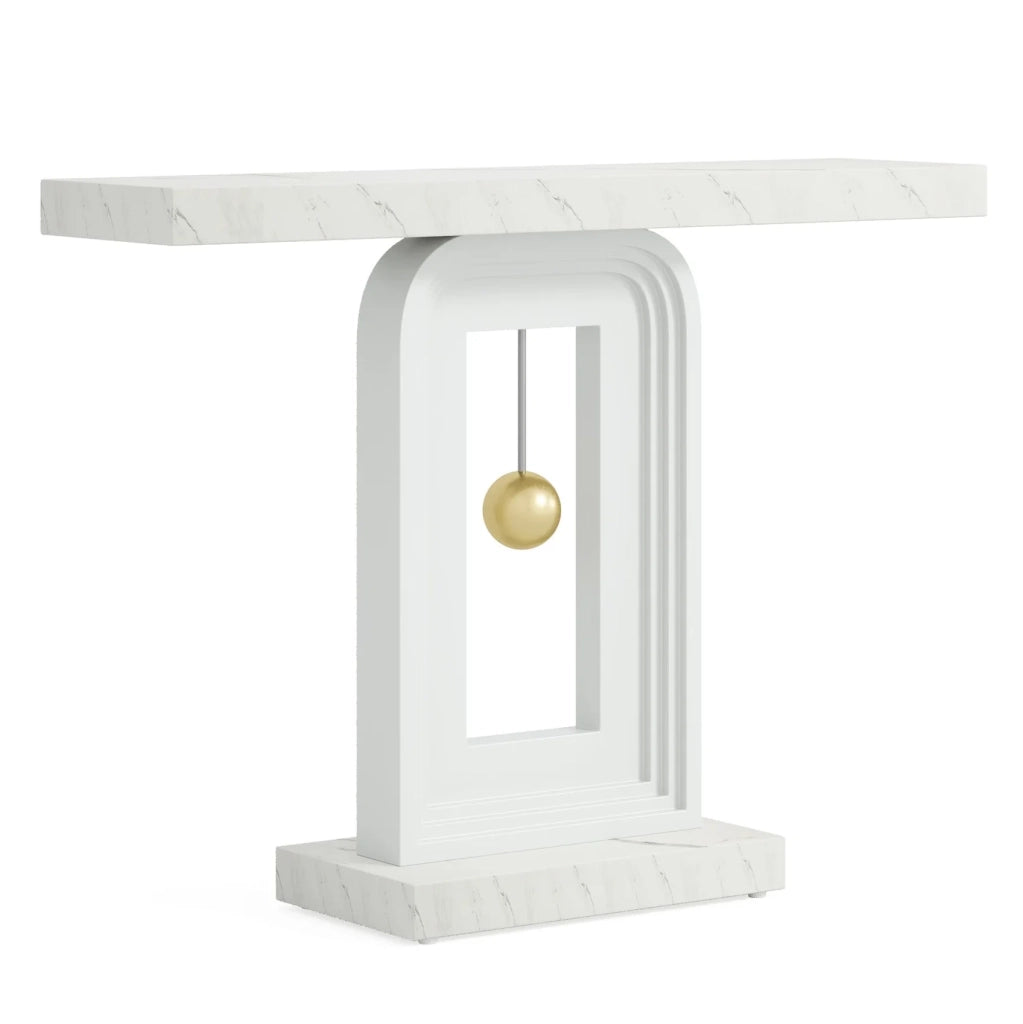 Consolle ULEVR bianca da 100 cm con piano effetto marmo e base geometrica in MDF