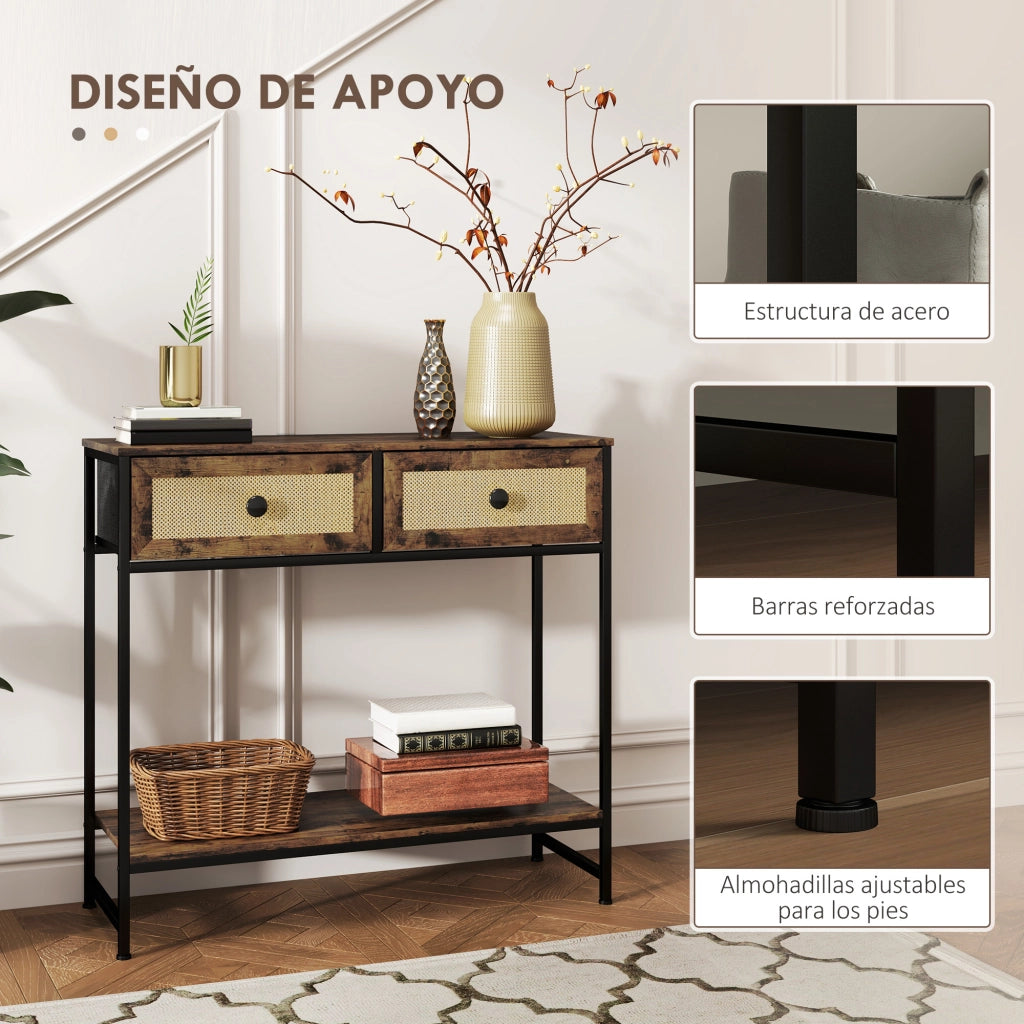 Consolle Ingresso con Ripiani e 2 Cassetti Rattan ¨C Xylo ¨C 80x30x75 cm Marrone