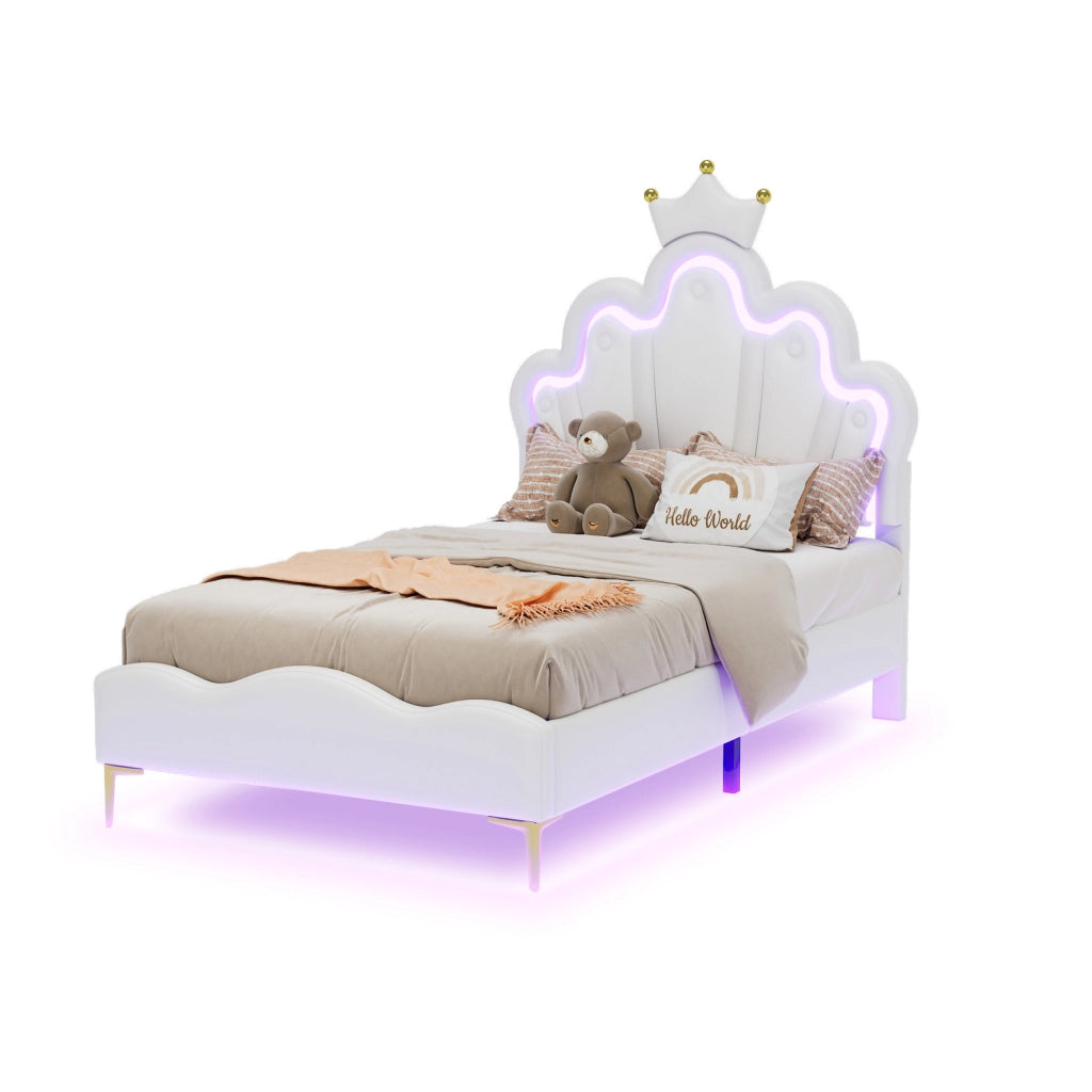 Letto imbottito con corona e luci LED, bianco, 90 x 200 cm