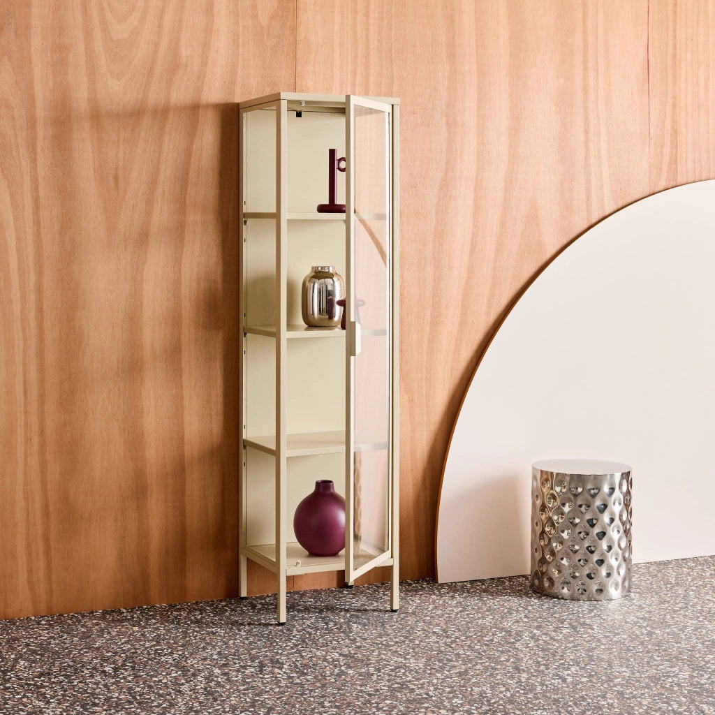 Vetrina in acciaio e vetro temperato con 1 anta, 160cm, beige