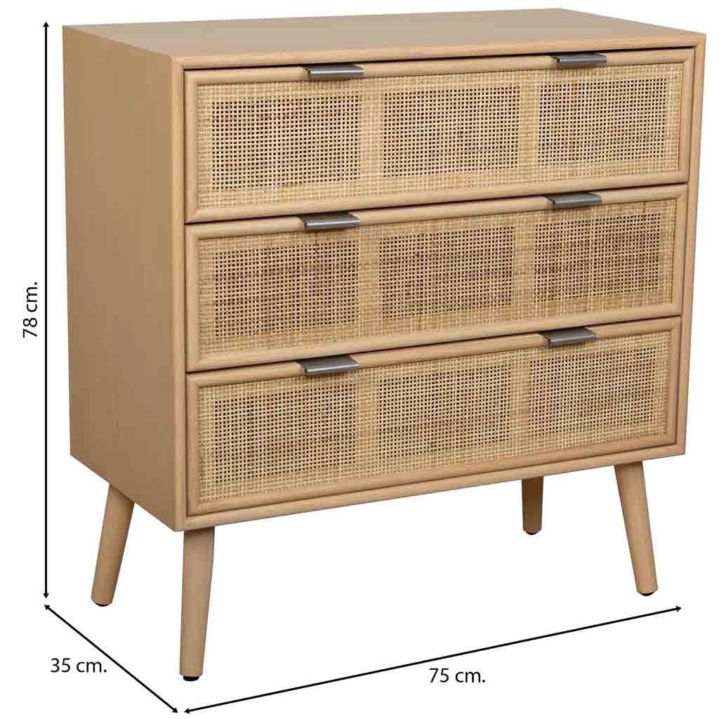 Cassettiera in MDF e rattan, 3 cassetti, marrone, 75x35x78