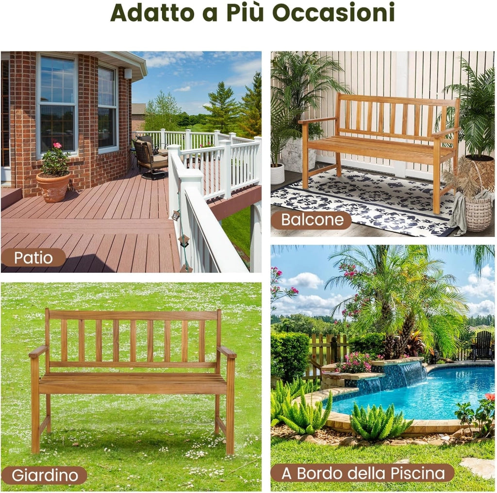 Panchina da Esterno in Legno di Acacia, Panchina con Schienale, Braccioli e Sedile a Doghe, Panchina da Giardino, Balcone e Cortile, Portata 360 kg (122 x 56,5 x 86 cm)
