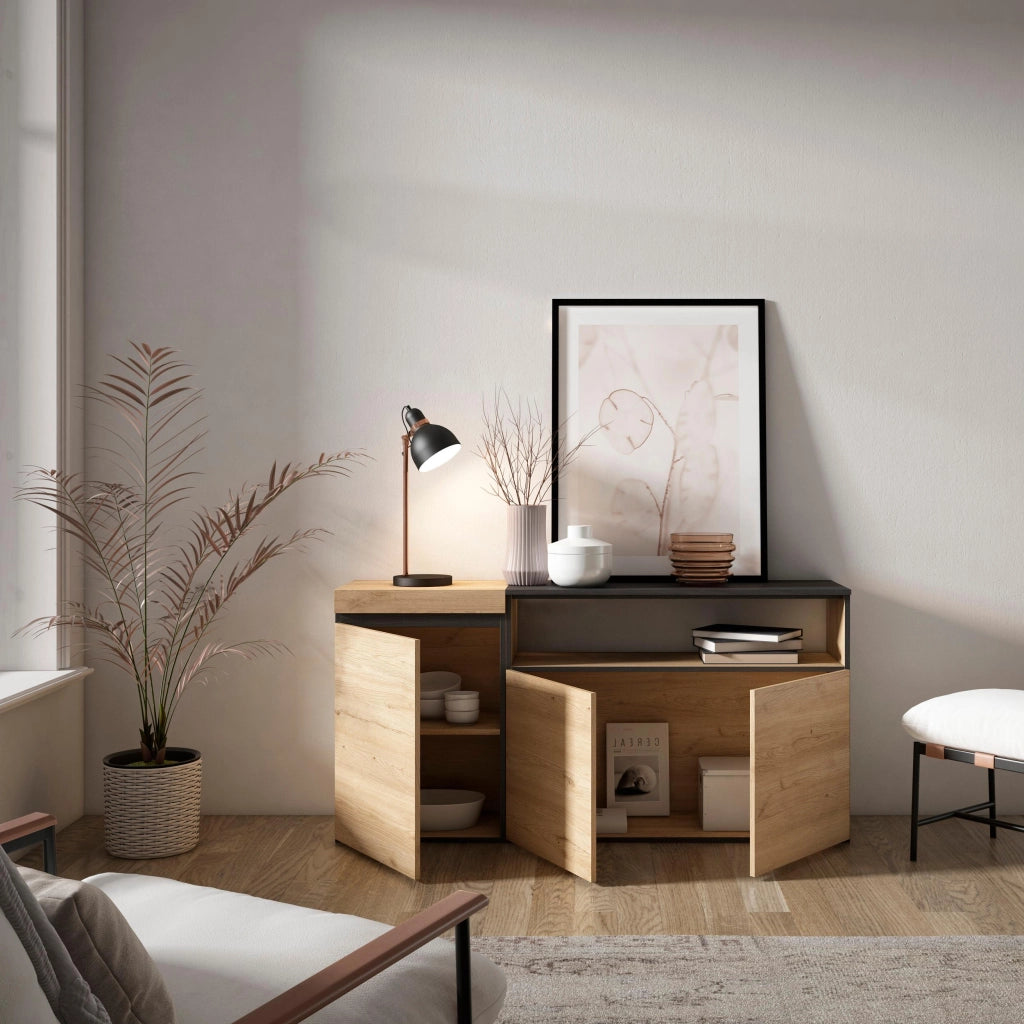 Credenza, Mobile, 150x35x75cm, 3 Porte, grande stoccaggio, colore Rovere e nero RF2520
