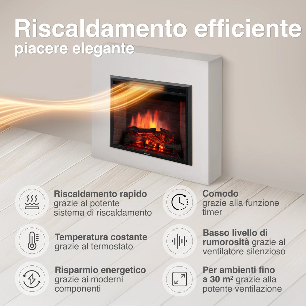 KAMINIO Camino elettrico LUCA - Camino elettrico a incasso con riscaldamento, effetto fiamma 3D, 12 colori di fiamma, telecomando - 30 pollici