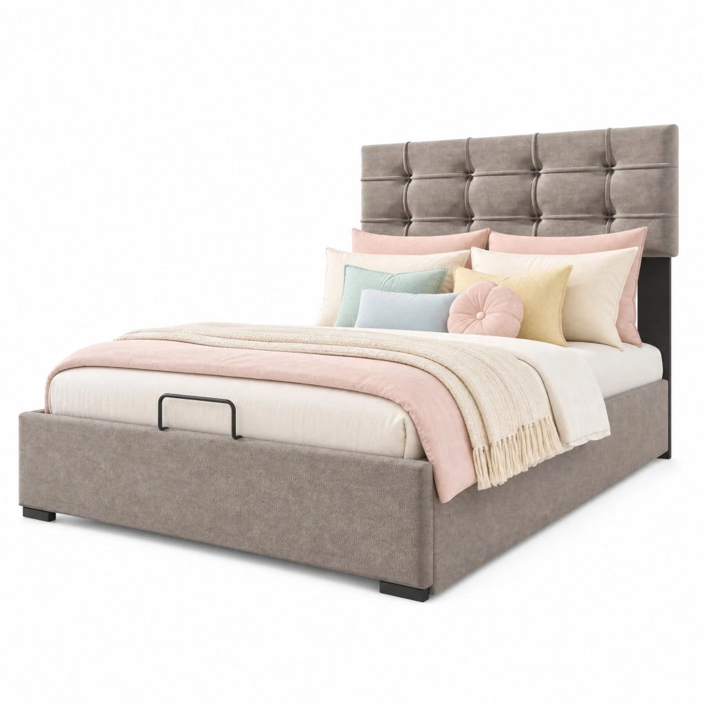 Letto singolo imbottito 90x200 cm in velluto con testiera regolabile e contenitore, grigio chiaro