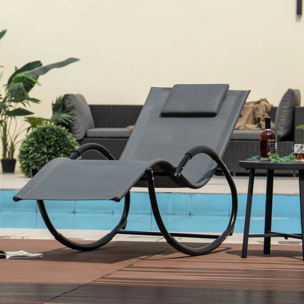 Sdraio a Dondolo da Giardino, Sedia a Dondolo Gravità Zero con Poggiatesta Rimovibile, Braccioli, Schienale e Seduta Traspiranti, Sdraio Solare per Patio, Giardino, Portata 160 kg (Grigio)