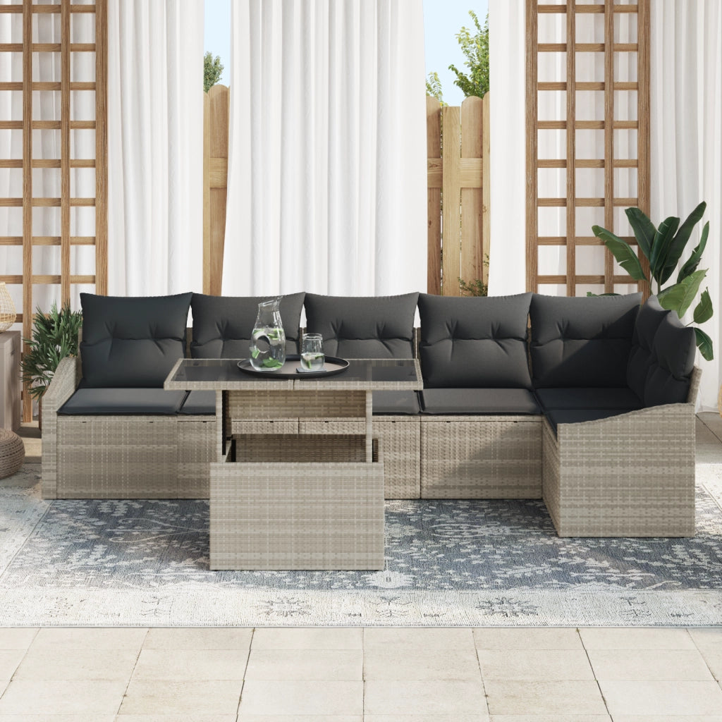 Set di divani da giardino a 7 pezzi con cuscini grigio chiaro in polyrattan