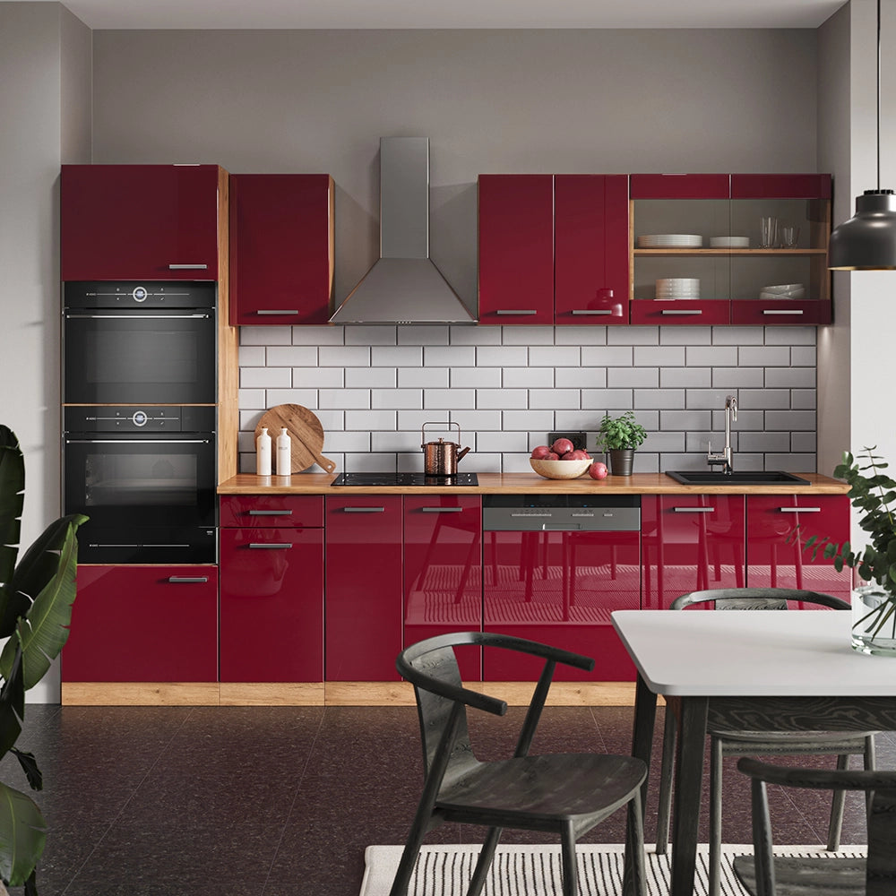 Vicco Cucina componibile Rosso lucido/rovere dorato 300 cm con armadio alto, PL Marmo