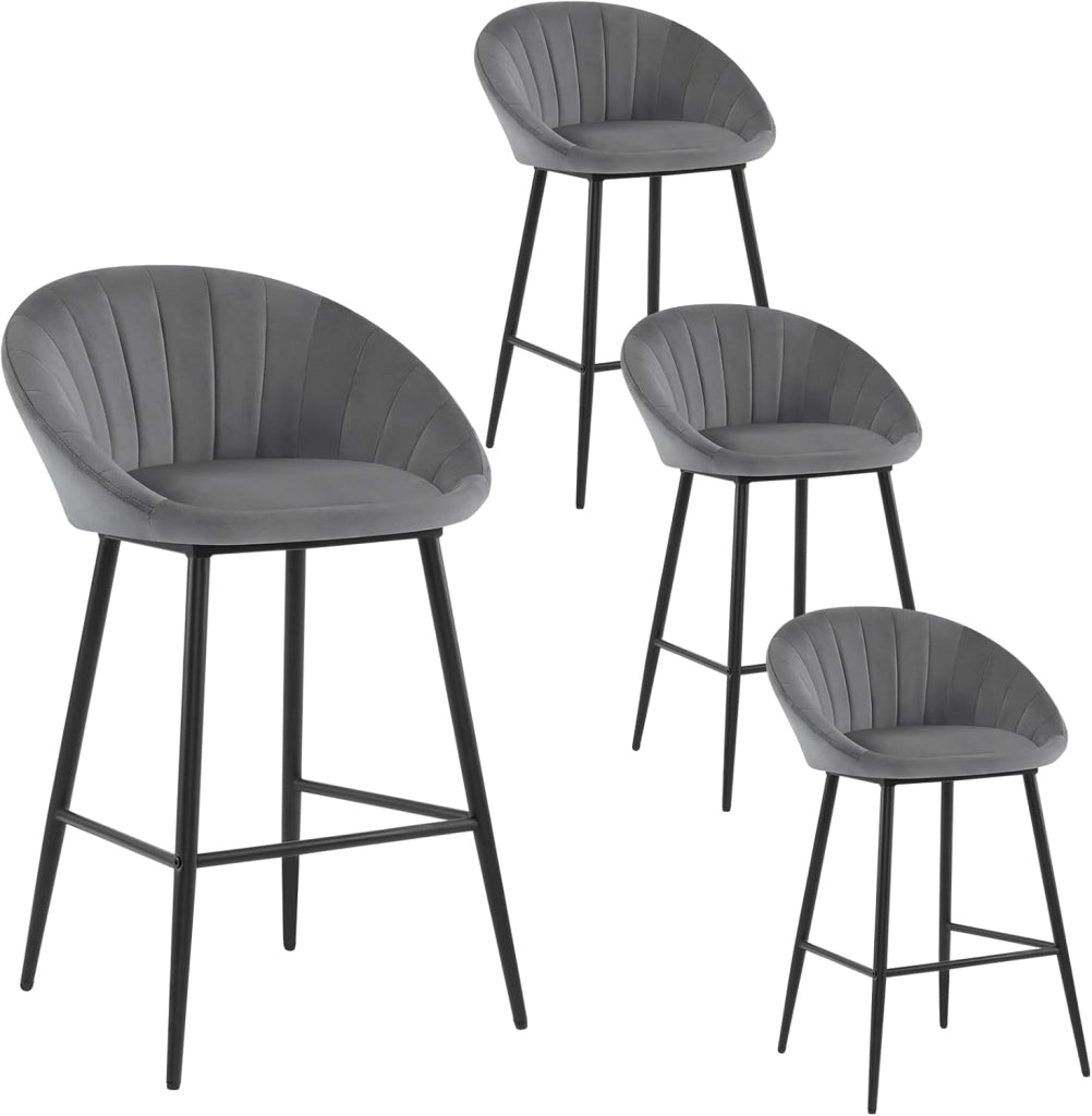Set di 4 Sgabelli Alti, Sgabelli Cucina Moderni con Schienale, Sedie da Bar con Poggiapiedi, per Bistrot, Pub, Caffetteria, in Velluto e Metallo, Grigio Scuro