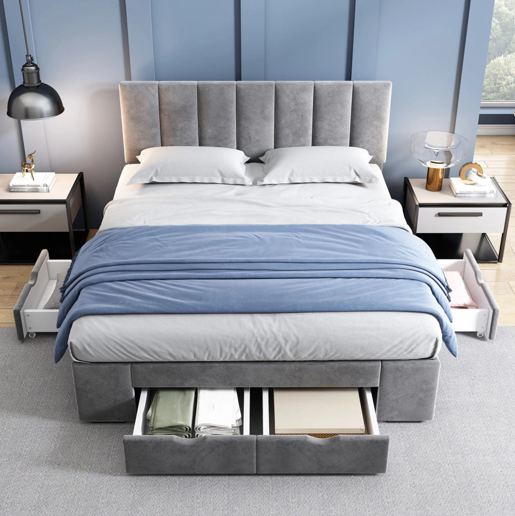 Letto matrimoniale imbottito 140x200 cm in velluto grigio con rete a doghe e 4 cassetti