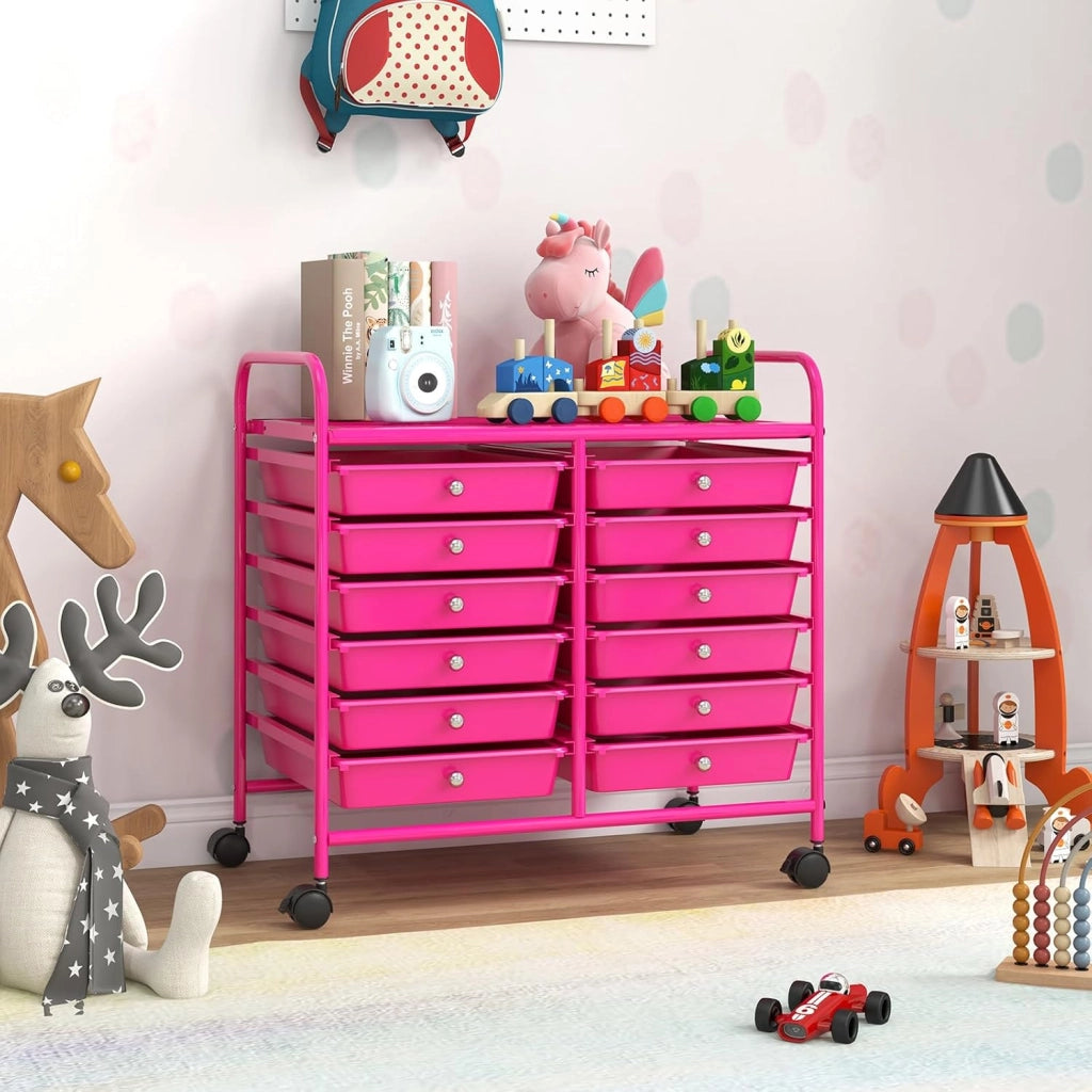 Carrello di Stoccaggio con 12 Cassetti, Carrello portaoggetti con 4 Ruote, Carrello Multiuso per Scuola Ufficio Cucina, 64 x 38 x 62 cm (12 cassetti Rosa)