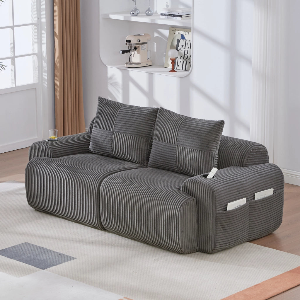 Divano modulare 2 posti in corduroy grigio scuro, con portabicchieri e tasca laterale, imbottitura in schiuma ad alta densità