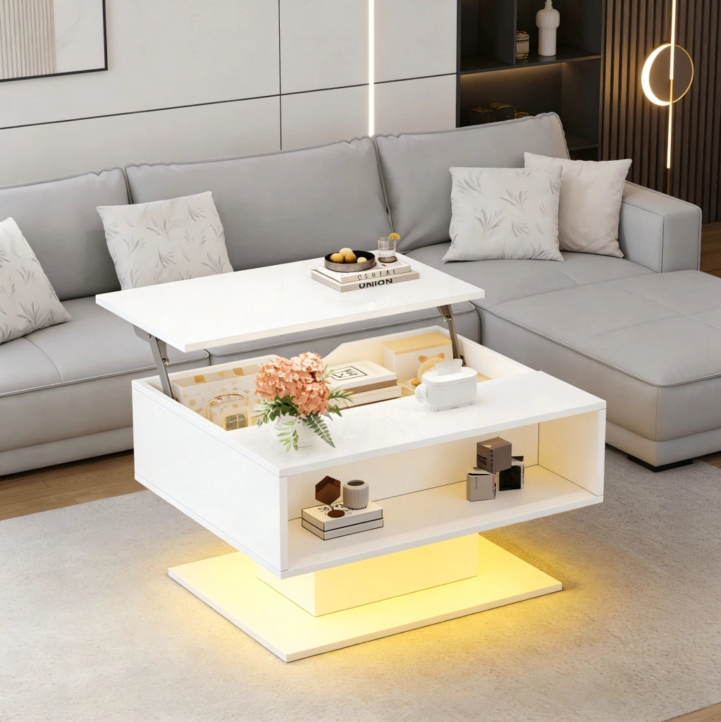 Tavolino sollevabile con illuminazione a LED e spazio contenitivo