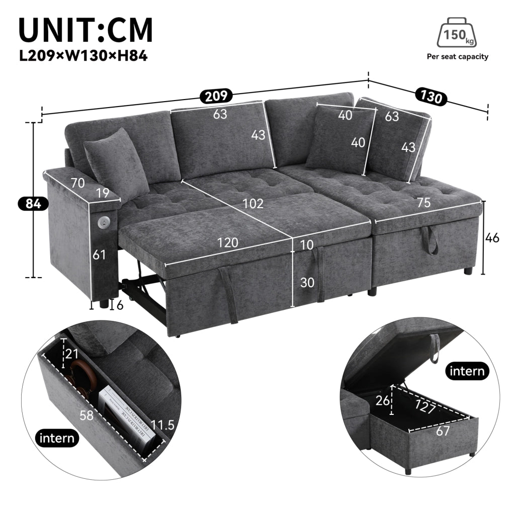 Divano angolare a destra in chenille con letto estraibile; contenitore; USB e portabicchieri; grigio scuro