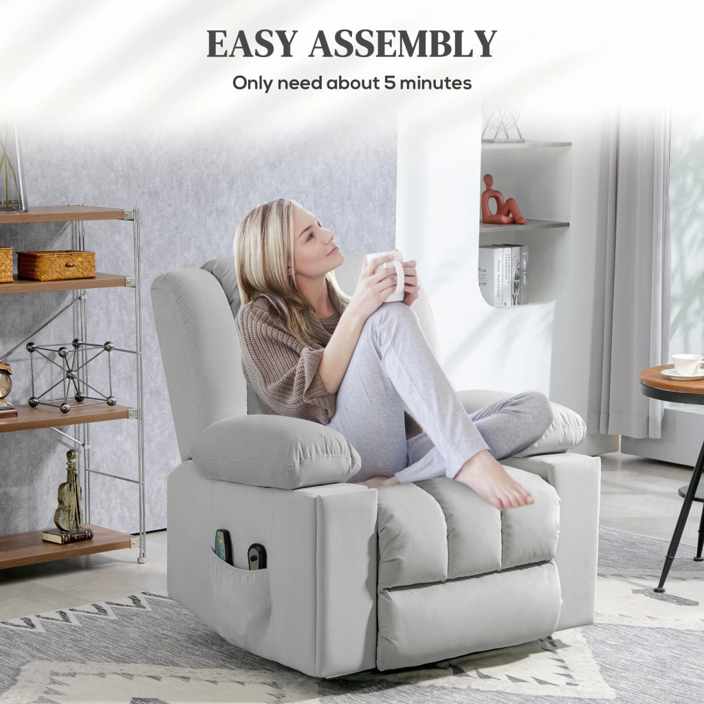 POLTRONA RELAX ELETTRICA CON ALZATA, MASSAGGIO E CALORE, VELLUTO GRIGIO CHIARO