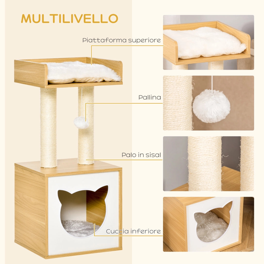 Tiragraffi per Gatti a Forma di Casetta ¨C Xylo ¨C Sisal con Cuscini Lavabili, 35x35x81cm, Quercia