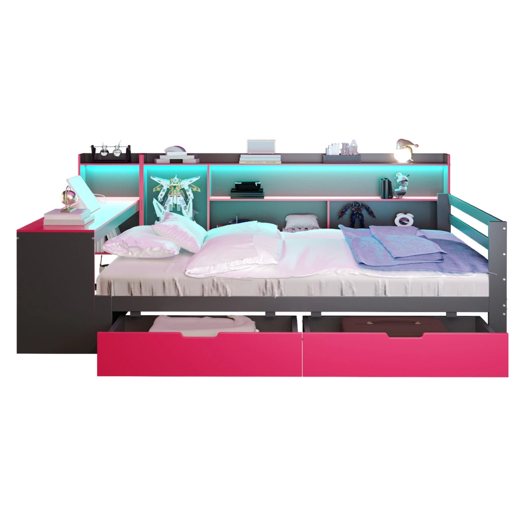 Letto matrimoniale multifunzione 140x200 cm in legno; con scrivania; LED e cassetti; nero e rosso