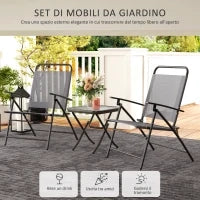 Set da Giardino con Tavolo con Piano in Vetro e 2 Sedie Pieghevoli con Schienale Regolabile, Grigio