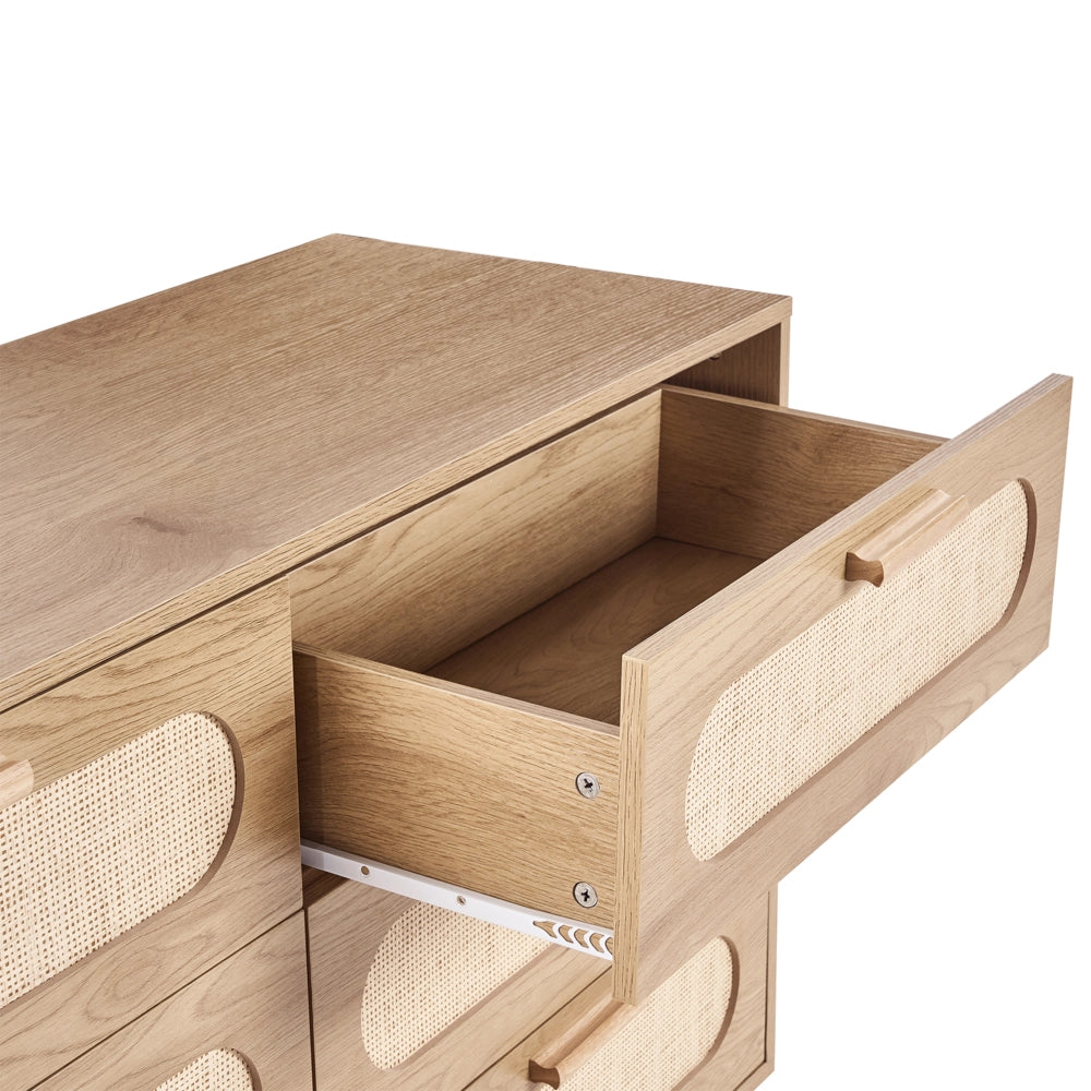 Cassettiera a 6 cassetti in truciolato marrone chiaro con frontale in rattan Stile Boho Camera da letto Soggiorno Credenza contenitore