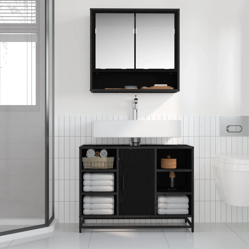 Set di mobili per il Bagno | Armadio da bagno 2 pz Rovere Nero Legno multistrato