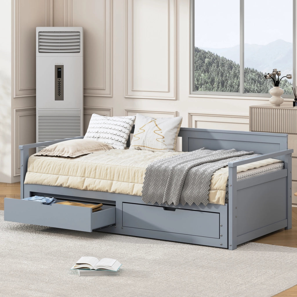 Letto giorno notte grigio in legno massello di pino con cassetti e letto estraibile 90x190 cm&180x190cm