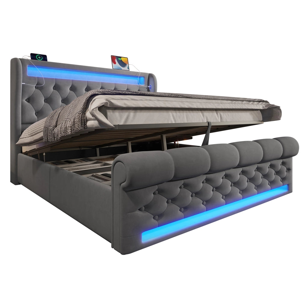 Letto matrimoniale in velluto grigio 140x190 LED testiera contenitore vano idraulico