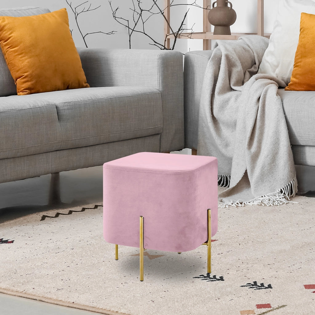 Pouf Poggiapiedi In Velluto Con Gambe Dorate Elegante Imbottito Sgabello Per Toeletta Mobile Trucco Ottomano Ingresso Tavolino Camera Da Letto Soggiorno Salotto Quadrato - Rosa