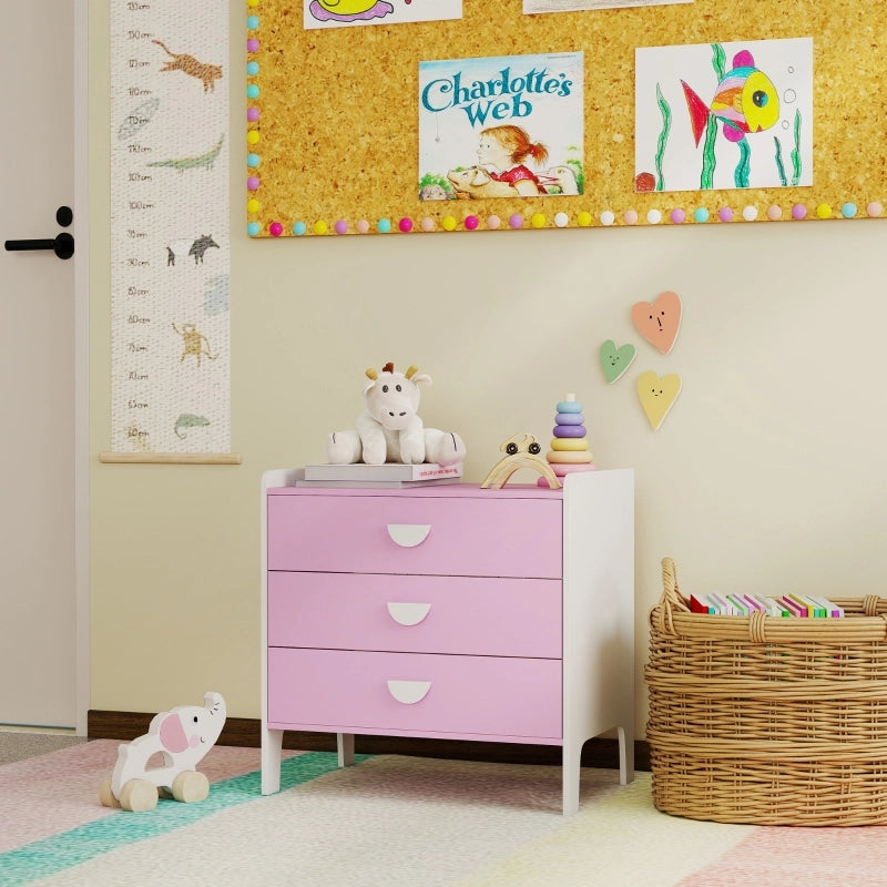 Cassettiera per bambini con 3 cassetti, struttura in legno, colore rosa e bianco