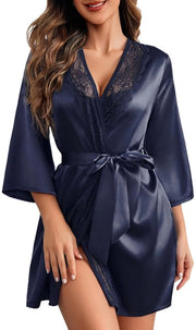 Kimono da camera con cintura e V-neck per donne, notturno per sposa, abito da letto marino, colore blu marino, modello senza marchio.