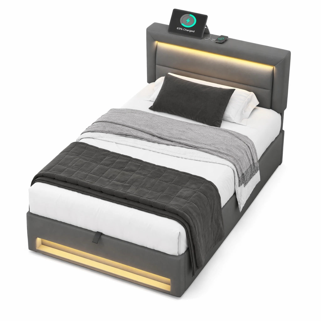 Letto imbottito con USB, LED e contenitore, 90 x 190 cm, grigio