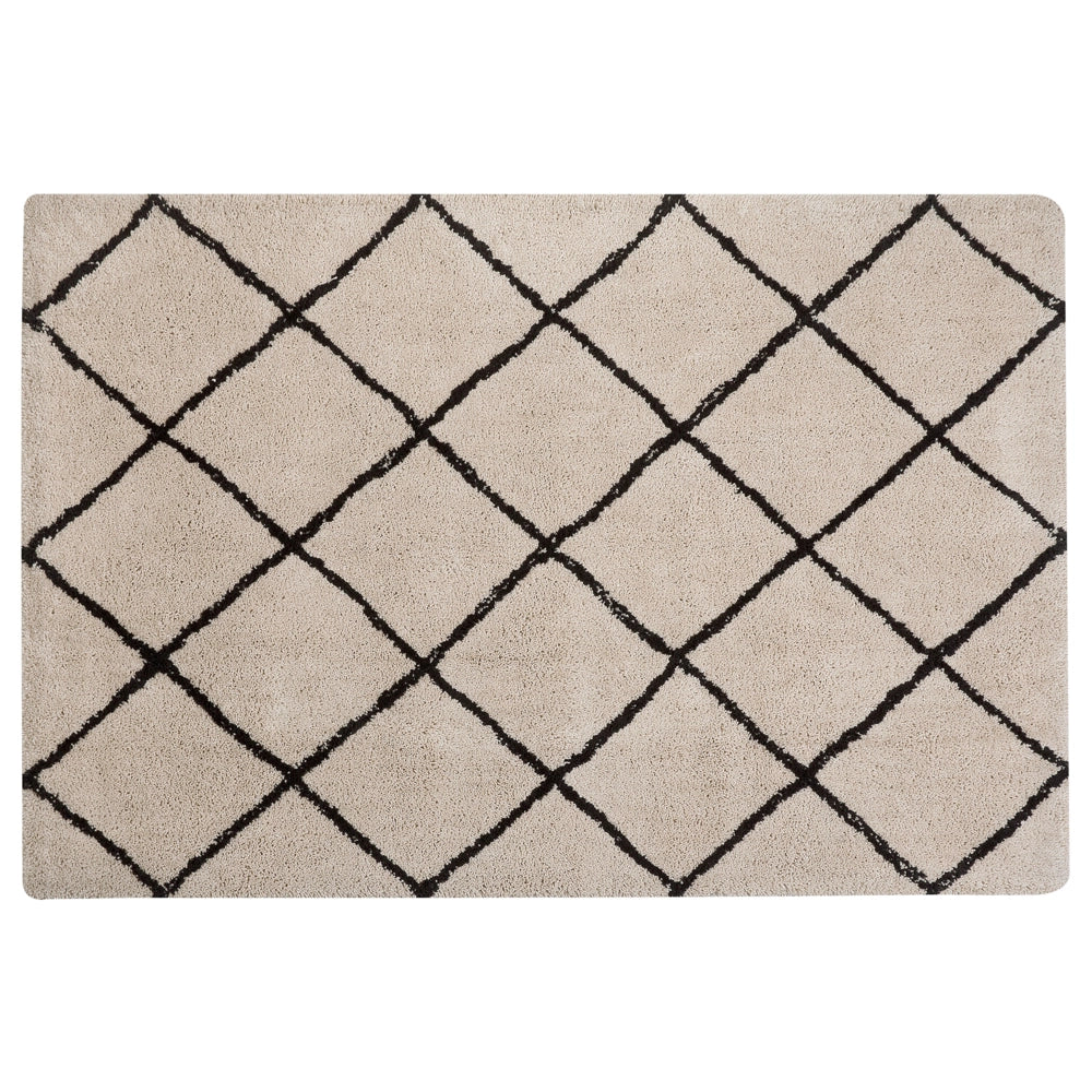 Tappeto tappetino Tappeto Tessuto Beige e Nero Shaggy Motivo Geometrico Rettangolare 160 x 230 cm