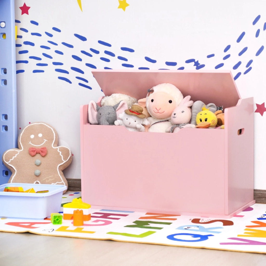 Cassa per giocattoli con 2 cerniere di sicurezza, Cassa con coperchio sollevabile Rosa-Tavoli e sedie
