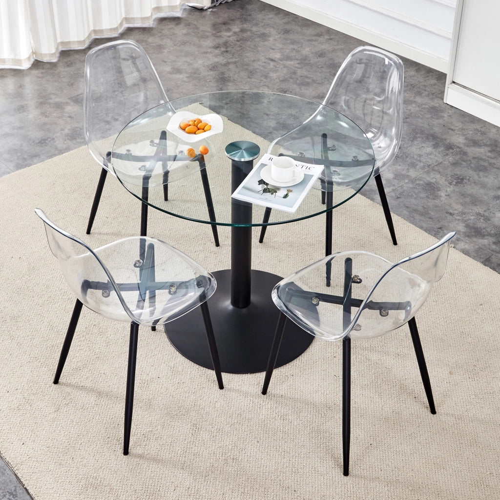 Set Tavolo da Pranzo Rotondo con 4 Sedie ¨C Xylo ¨C Piano in Vetro Temperato Trasparente, ?85 cm