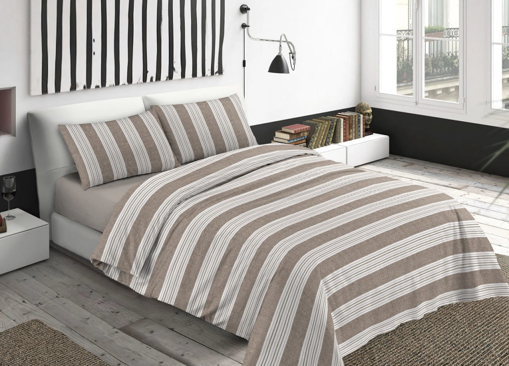 Completo Lenzuola Letto Camera In 100% Cotone Made Italy Vari Disegni RP - Piazza 1-2 - Righine Beige