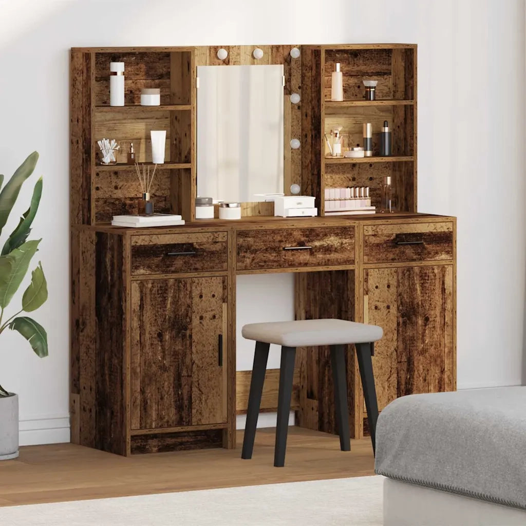 Set da Toeletta | Tavolo da Trucco con LED con porta 3 pz Legno vecchio