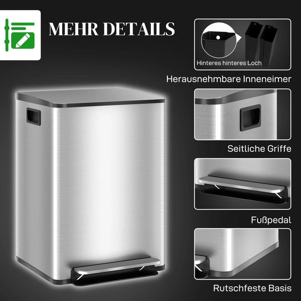 Bidone per Rifiuti 2x20L ¨C zephmum ¨C Coperchio Soft-Close, Antimpronte, Acciaio Inox, Argento