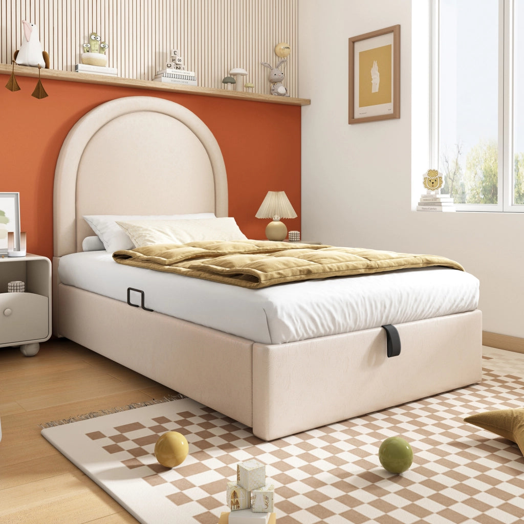 Letto singolo imbottito per bambini 90x200 cm beige con vano contenitore