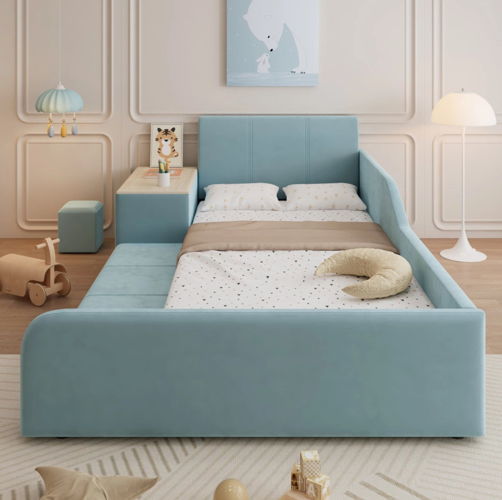 Letto imbottito 90x200 cm blu velluto con scrivania laterale e sgabello