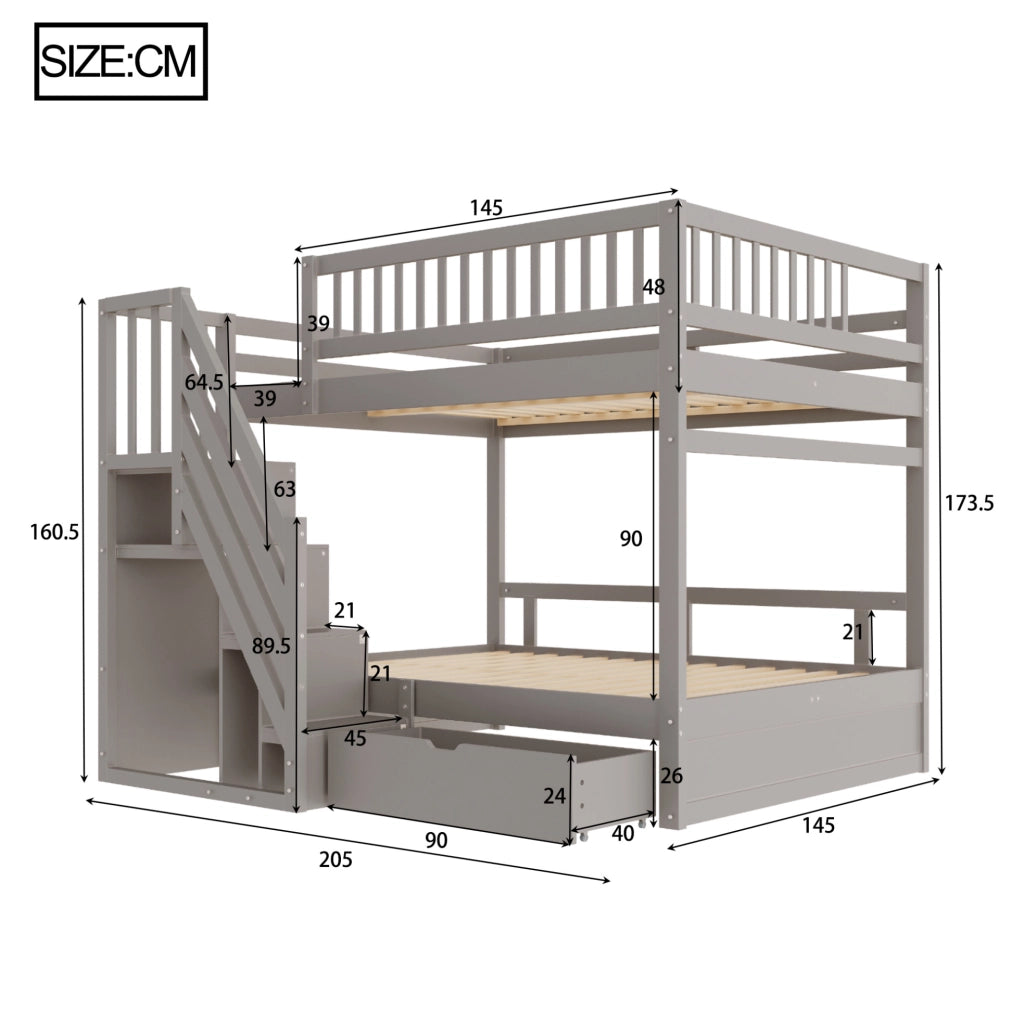 Letto a castello in legno massello 140x200 cm con scala contenitore e cassetti