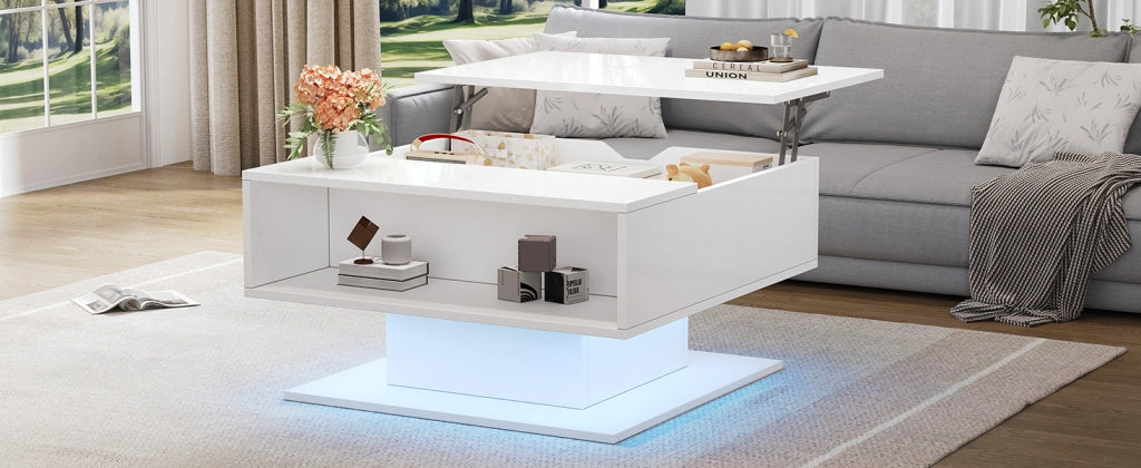TAVOLO Caffè alzabile 80x75x40 cm Bianco con LED e vano contenitore