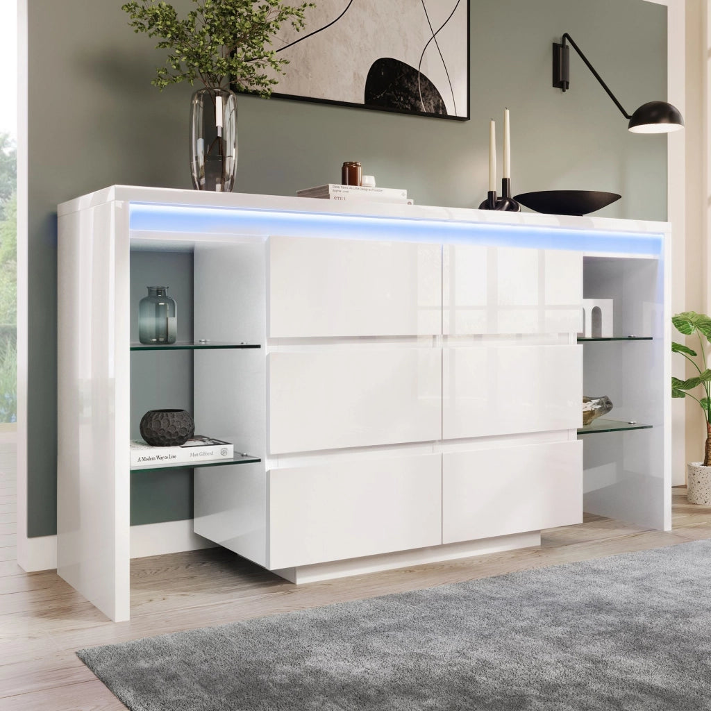 Comodino lucido, credenza da sala da pranzo, illuminazione a LED, 6 cassetti, 4 ripiani in vetro, 155 x 40 x 80 cm, bianco