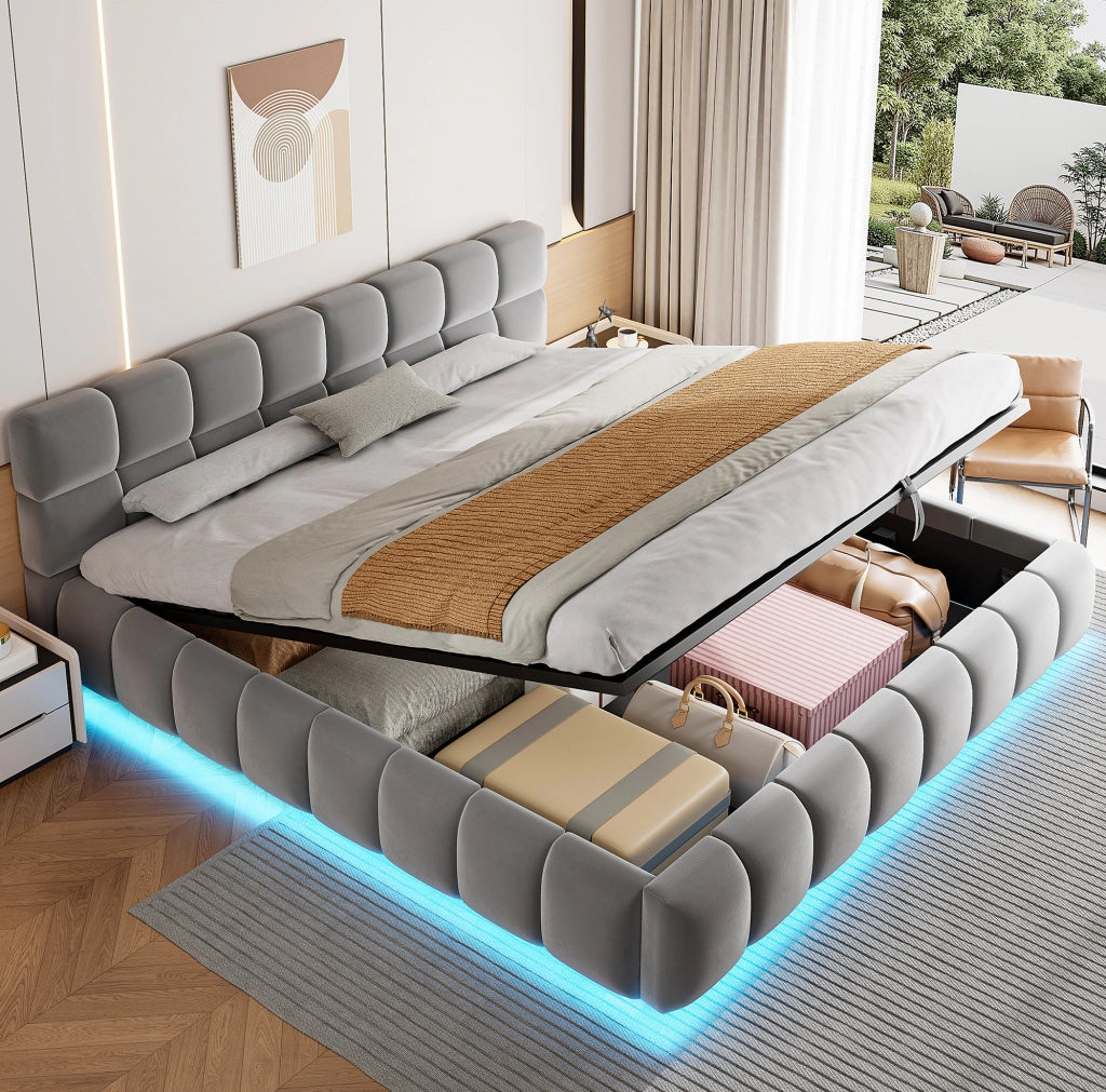 Letto matrimoniale imbottito 180x200 cm in velluto grigio con LED e contenitore idraulico