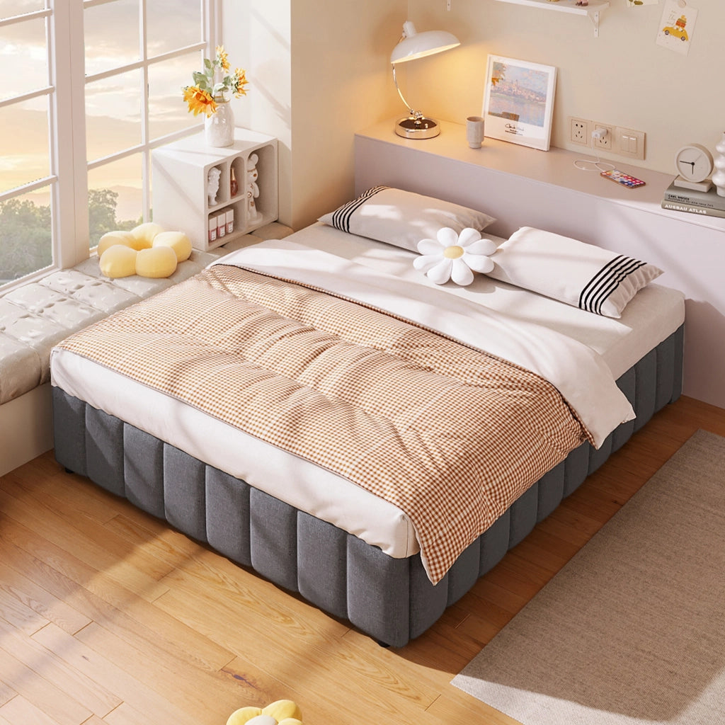 Letti contenitori 140x200 cm con contenitore idraulico; senza testiera in lino e MDF; grigio (Senza materasso)