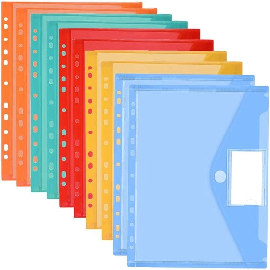 Set di cartelle per documenti A4 acqua-resistente 10 pz con bordo a 11 fori e riquadro per etichetta per l'organizzazione di documenti, materiali da ufficio e compiti