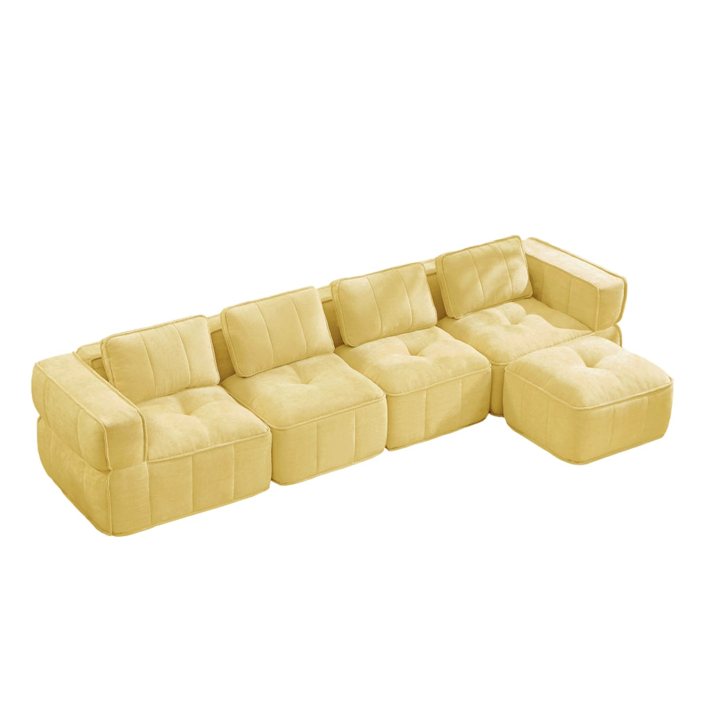 Divano modulare angolare 4 posti con pouf; 344x162x67 cm; in poliestere giallo