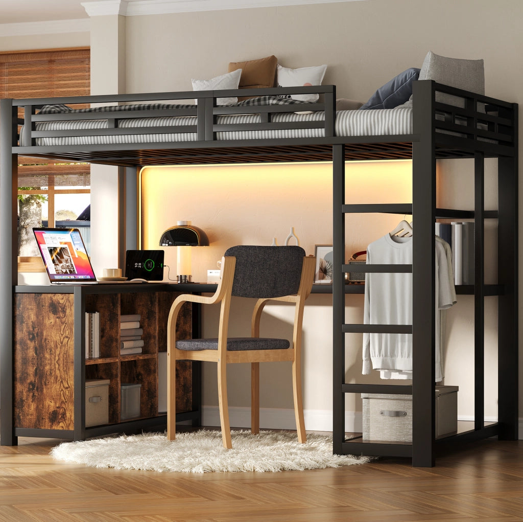 Letto a soppalco 140x200 cm con scrivania, LED e USB, nero
