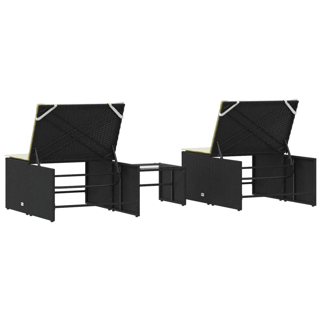 Lettini prendisole modulari 2 pz con tavolo nero in polyrattan 368422