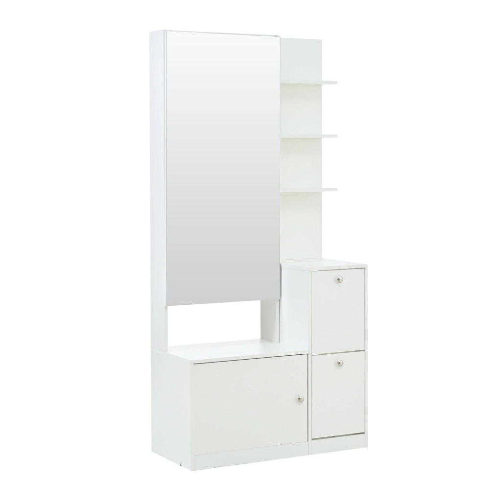Mobile ingresso 85x40x180 cm con specchio; 2 ante; 5 ripiani e scarpiera; bianco